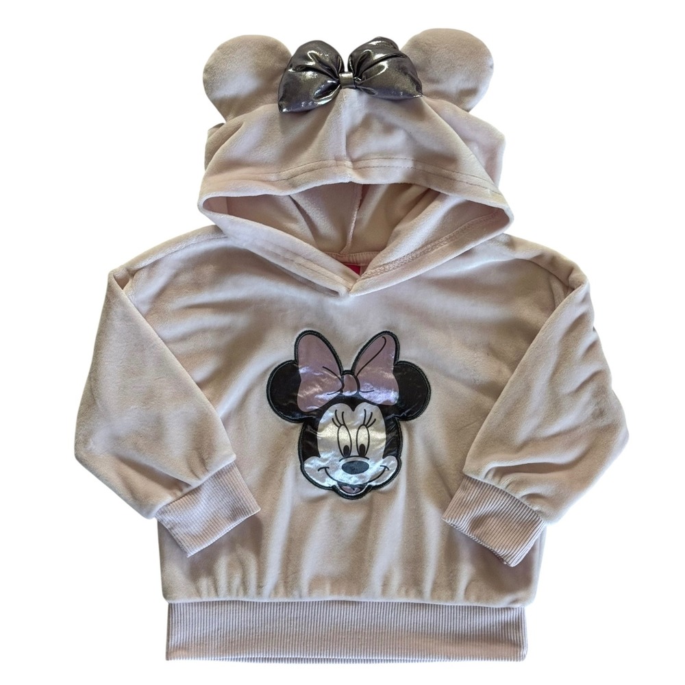 Disney Minnie Mouse Pink Velour Hoodie 3D Ears Metallic Bow Baby Girl 18M